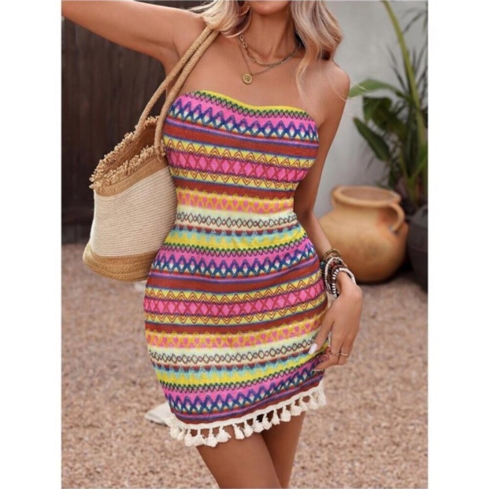 Striped Tassel Hem Tribal Tube Bodycon Dress new